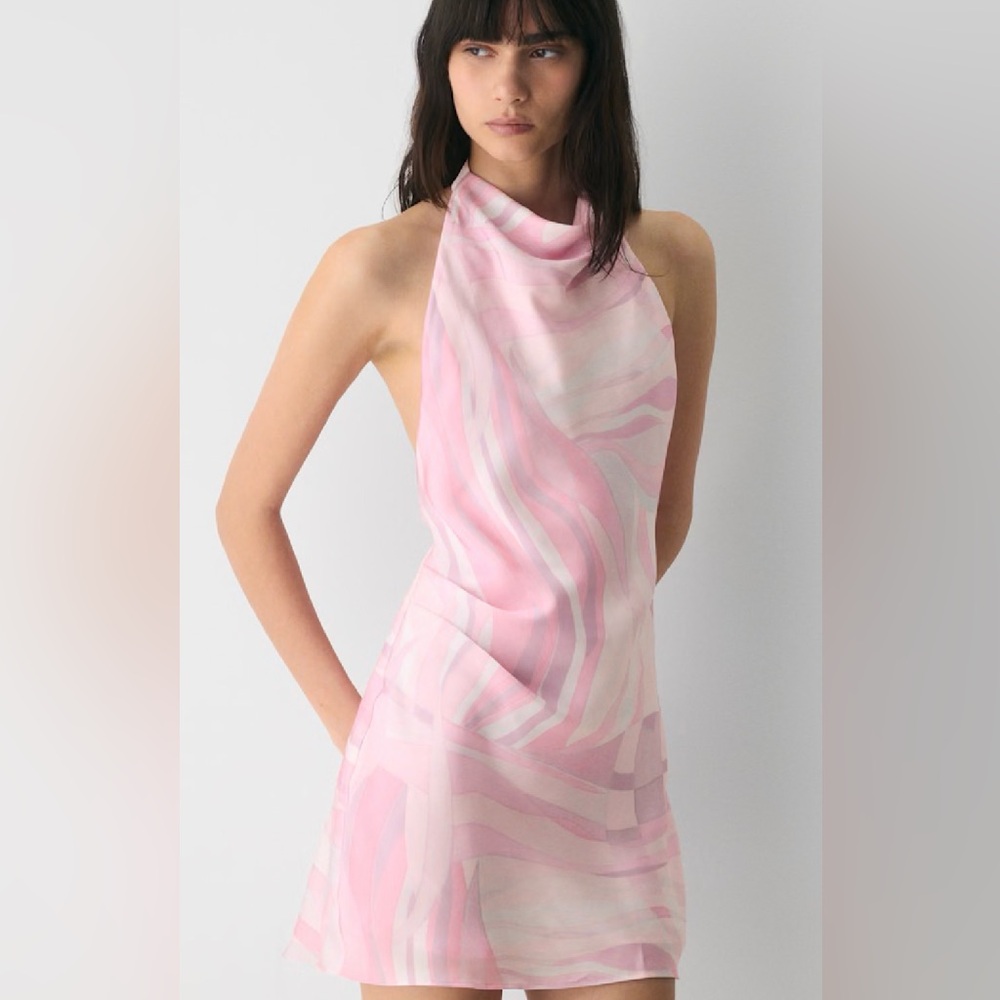 NWT Aritzia Audience Satin Mini Halter Dress in Villa Pink/Tonal